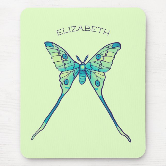 Mousepad Luna mariposa borboleta inseto verde nome (Frente)