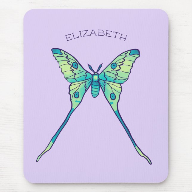 Mousepad Luna moth Butterfly insetos verde roxo name (Frente)