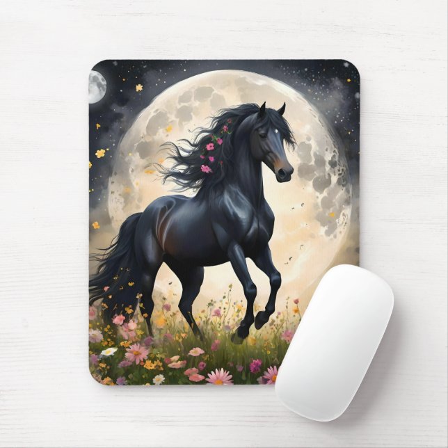 Mousepad Lunar Elegância: Cavalo de Fantasia Negra com Lua (Com mouse)