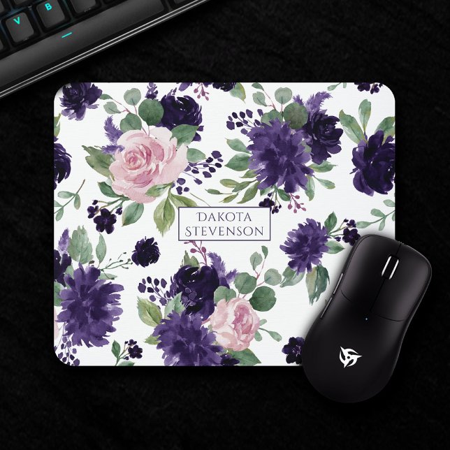 Mousepad Lush Blossoms | Monograma de padrão roxo e rosa (Criador carregado)