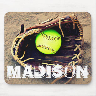 Mousepad Luva do softball do texto e bola feitas sob