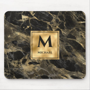 Mousepad Luxo Elegante do Monograma de Mármore Preto e Dou