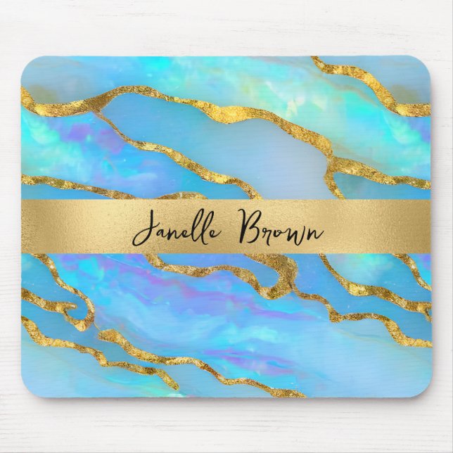 Mousepad Luxo Holográfico Faux Opal Stone e Gold Foil (Frente)