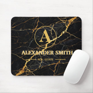 Mousepad Luxury Black Marble Gold Monogram Business Brand