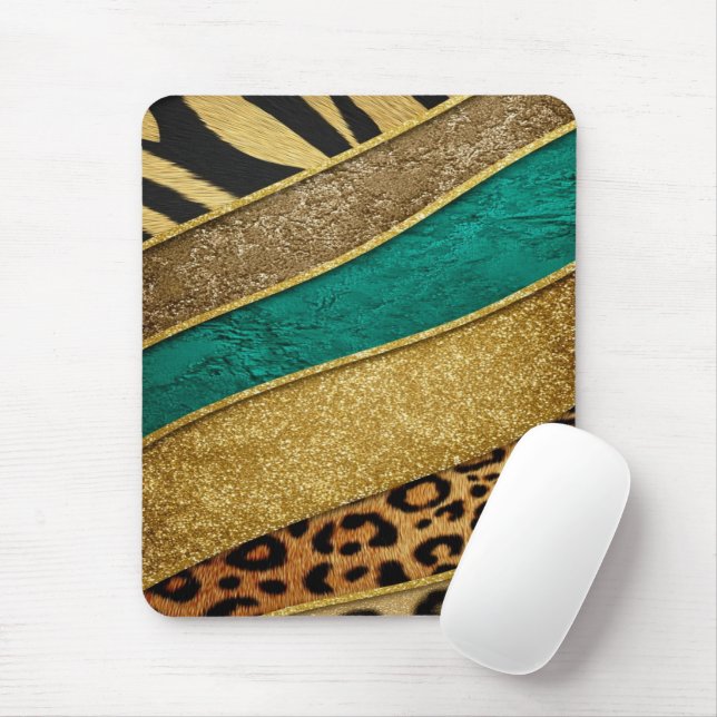 Mousepad Luxury Emerald & Gold Safari Leopard Zebra Glitter (Com mouse)