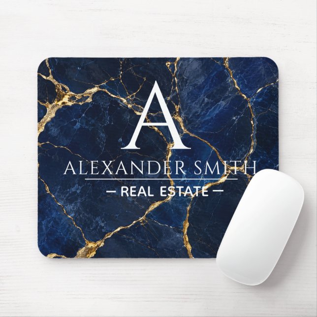 Mousepad Luxury Navy Marble Gold Monogram Business Branding (Com mouse)