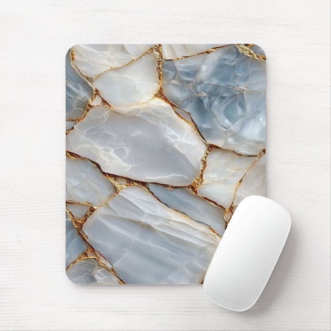 Mousepad Luxury White Blue Marble & Gold Veins Agate Stone  (Com mouse)
