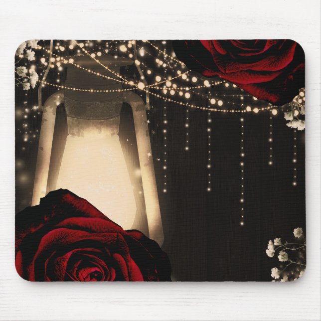 Mousepad Luz de Lanterna Rústica e Rosas Vermelhas Florais  (Frente)