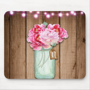 Mousepad Luzes Cor-de-Rosa de Corda e Flores em Pote de Ped