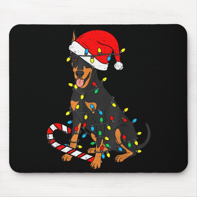 Mousepad Luzes de Natal Cachorro Doberman Papai Noel Pet Cã (Frente)