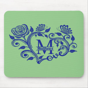 Mousepad M Monograma Floral Azul Marinho Personalizado