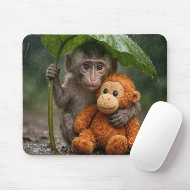 Mousepad Macaque Monkey with a Stuffed Orangutan (Com mouse)