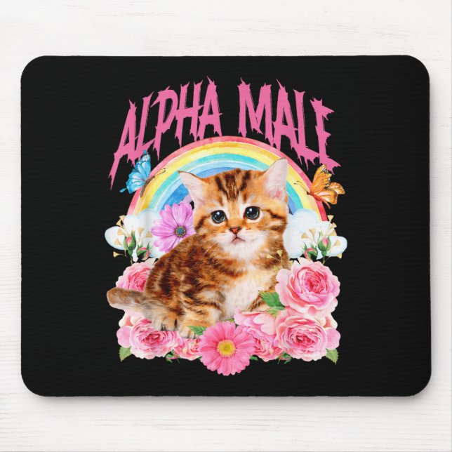 Mousepad Macho Alfa Gato Engraçado Gatito Floral Arco-íris (Frente)