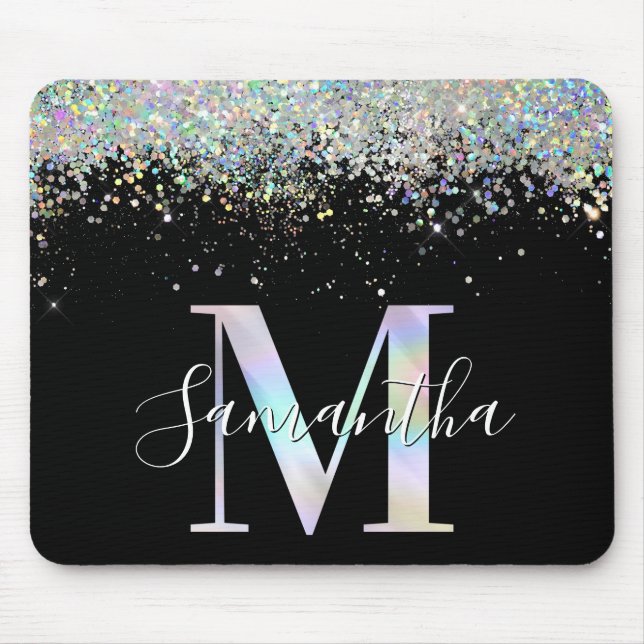 Mousepad Macrolimus Glitter Holográfico Faux Monograma Irid (Frente)