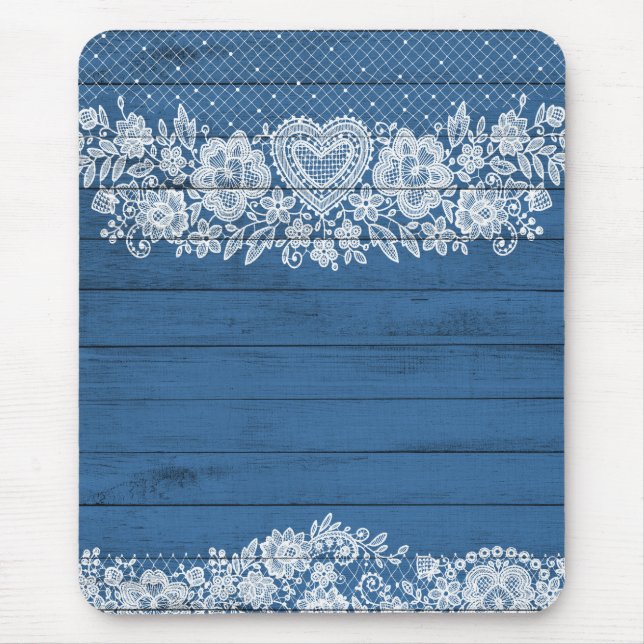 Mousepad Madeira Rústica Azul e Renda Branca Camisa de Linh (Frente)