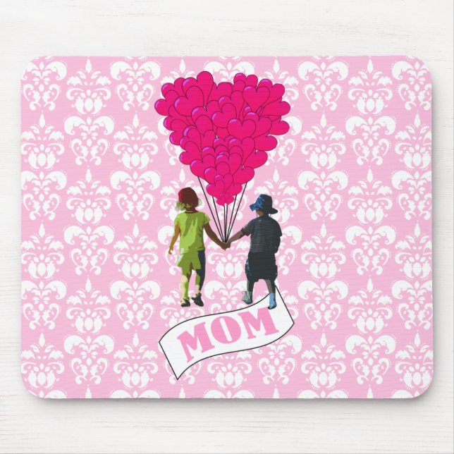 Mousepad Mãe, crianças com balões em forma de coração (Frente)