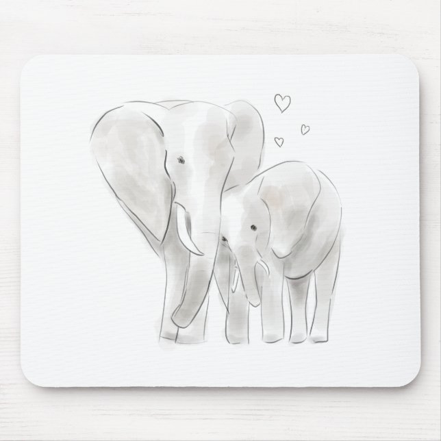 Mousepad Mãe de elefante e aquarela de esboço de bebê lindo (Frente)