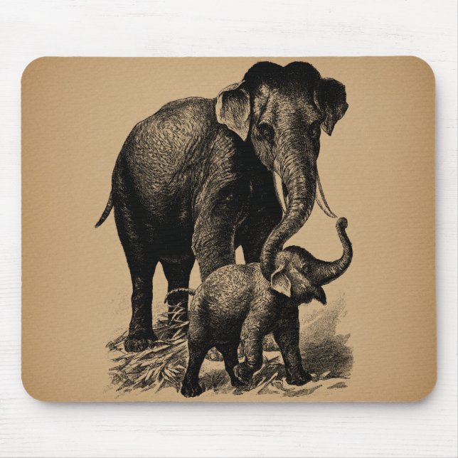 Mousepad Mãe e Elefante Bebê Arte Vintage (Frente)
