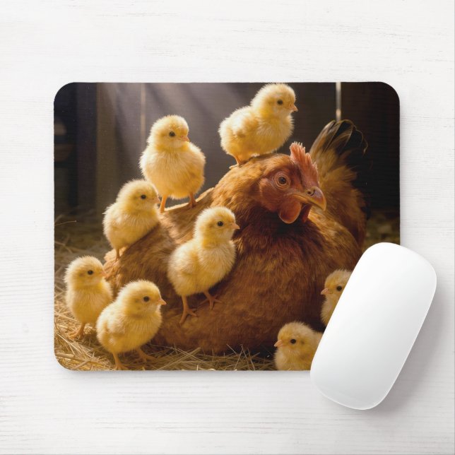 Mousepad Mãe Galinha com Pintinhos no Celeiro (Com mouse)
