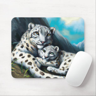 Mousepad Mãe-Leopardo-da-Neve e Cubo nas Montanhas