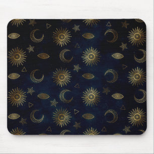 Mousepad Magia Dourada Sol-Lua Estrelas Azul Escuro