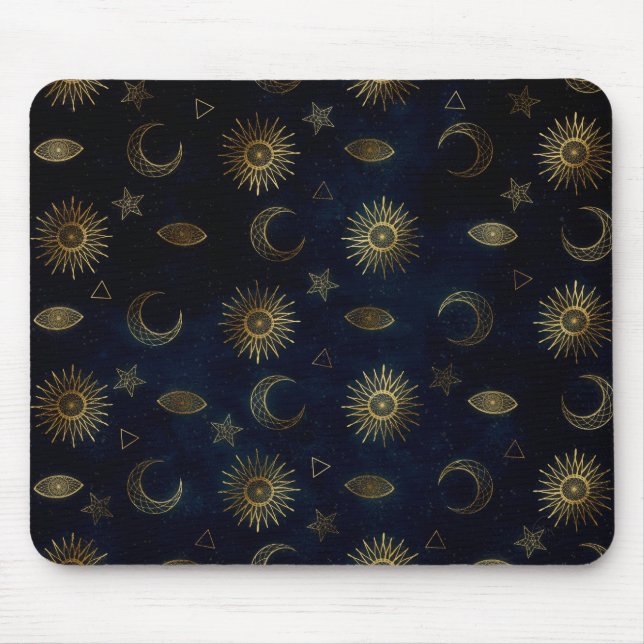 Mousepad Magia Dourada Sol-Lua Estrelas Azul Escuro (Frente)