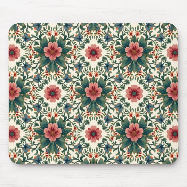 Mousepad Magia Floral Boho - em Tons de Verde e Rosa (Frente)