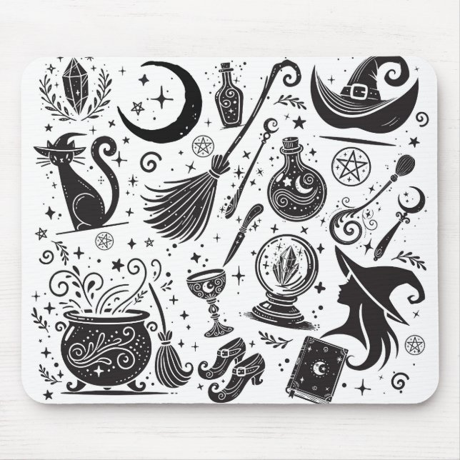 Mousepad Mágica Bruxa Whimsical Wiccan Pagan Black & White (Frente)