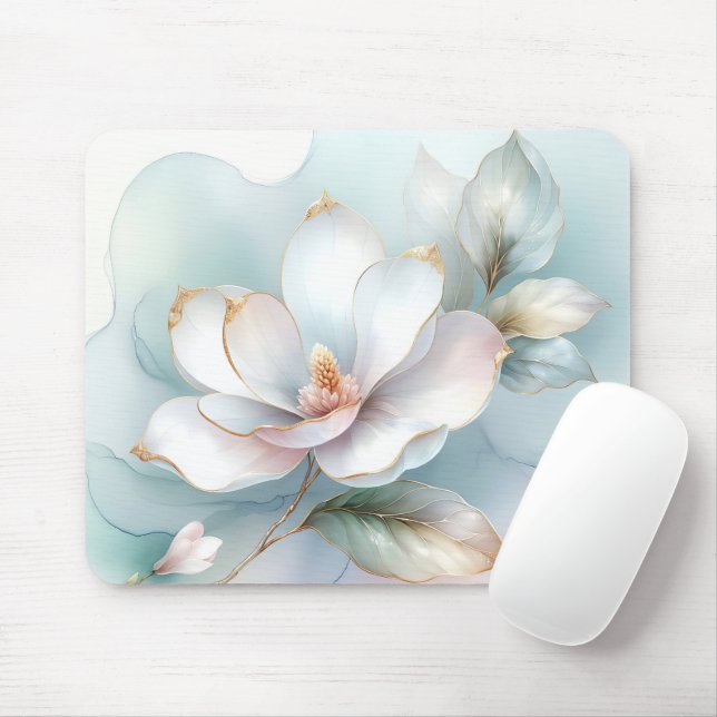 Mousepad Magnólia Branca Flor Com Borda Dourada (Com mouse)