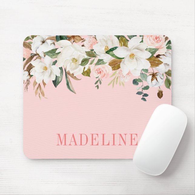 Mousepad Magnolias de Aquarela Moderna Elegante Fashionávei (Com mouse)