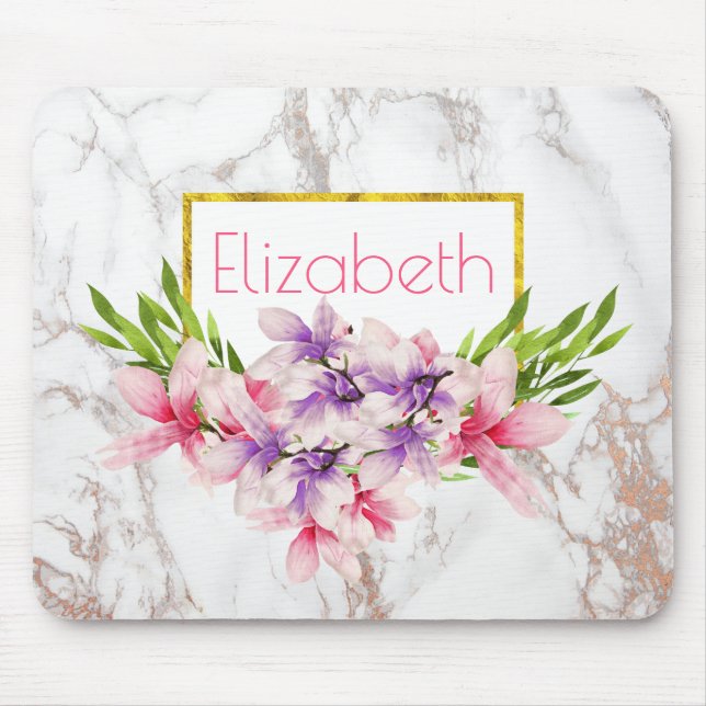 Mousepad Magnolias de Aquarela, Textura de Mármore Faux Per (Frente)