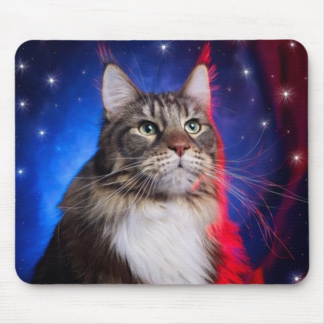 Mousepad Maine Coon Cat Com Azul Branco Vermelho Aura E Est (Frente)