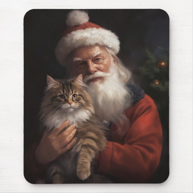 Mousepad Maine Coon Com o Papai Noel Festivo Natal  (Frente)