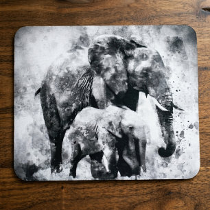 Mousepad Majestosa Elefanta Africana Fêmea com Cria P&B