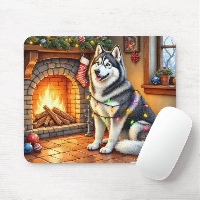 Mousepad Malamute do Alasca com Lareira e Luzes de Natal (Com mouse)