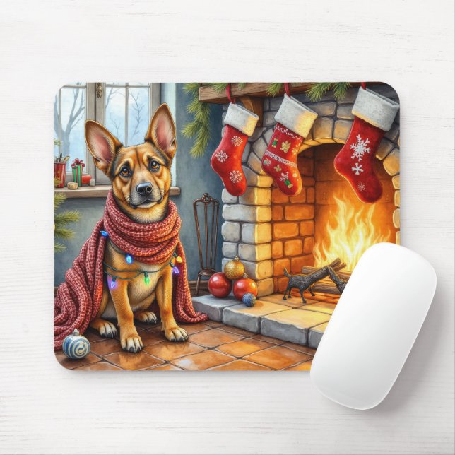 Mousepad Malinois Belga Lareira com Luzes de Natal (Com mouse)