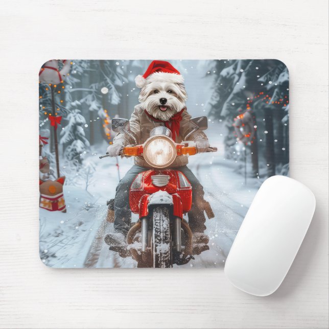 Mousepad Maltês Cão Andando Moto Natal (Com mouse)