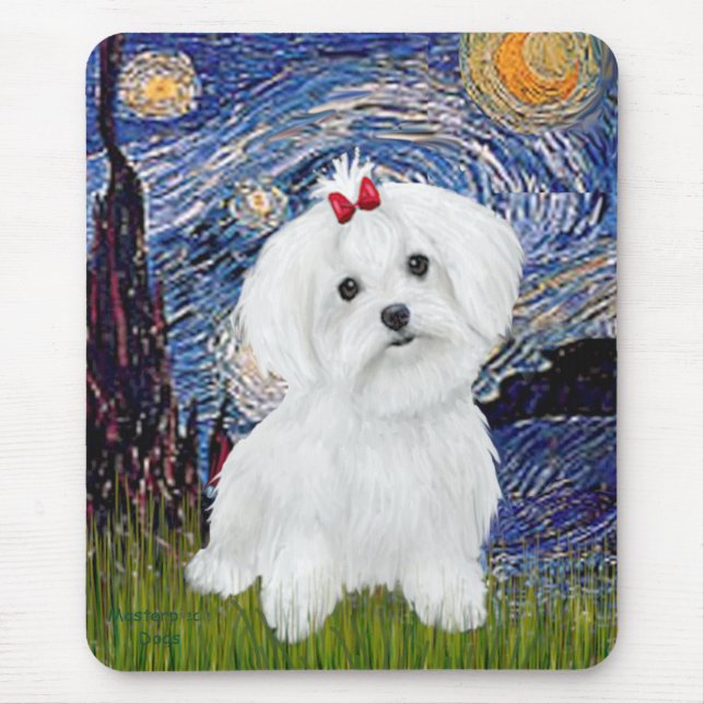 Mousepad Maltês de 8 filhotes - Noite Estrelada (Frente)