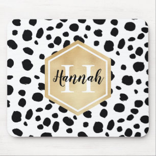 Mousepad Manchas brancas pretas Padrão Monograma Dourado