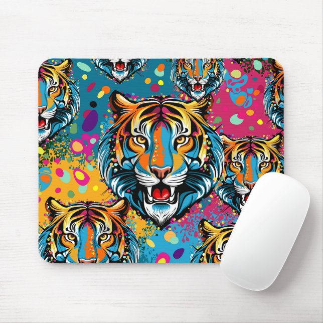 Mousepad Manchas de tinta cores Arco-íris Cabeça de Tigre (Com mouse)