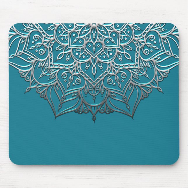 Mousepad Mandala Azul Turquesa e Prata Elegante Minimal Mar (Frente)
