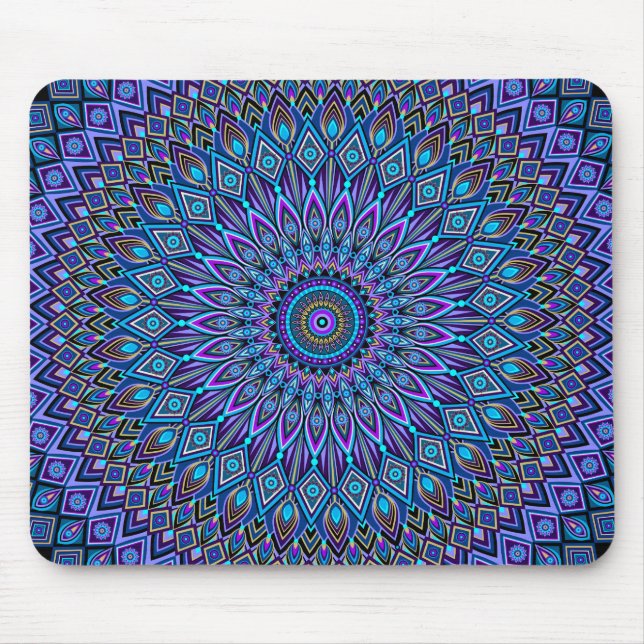 Mousepad Mandala Boho Blue Teal Purple Pavão Dourado Magia (Frente)