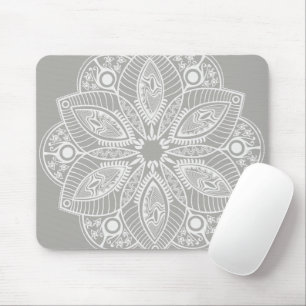 Mousepad Mandala branca exótica no fundo da Cinza