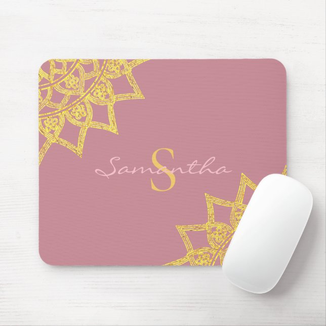 Mousepad Mandala Floral Elegante Rosa Dourado Monograma (Com mouse)
