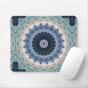 Mousepad Mandalas Azul e Turquesa com Simetria Geométrica