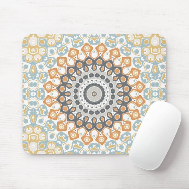 Mousepad Mandalas Geométricas em Laranja, Cinza e Azul (Com mouse)