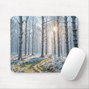 Mousepad Manhã à luz do sol na floresta gelada