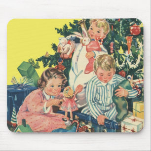 Mousepad Manhã de Natal Antiga, Crianças Abrindo Presentes