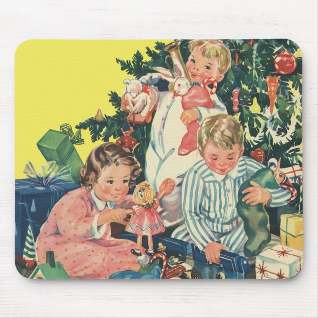 Mousepad Manhã de Natal Antiga, Crianças Abrindo Presentes (Frente)