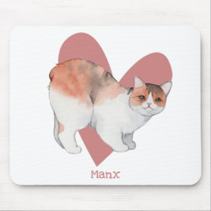 Mousepad Manx Cat Watercolor Gatinho Coração Rosa